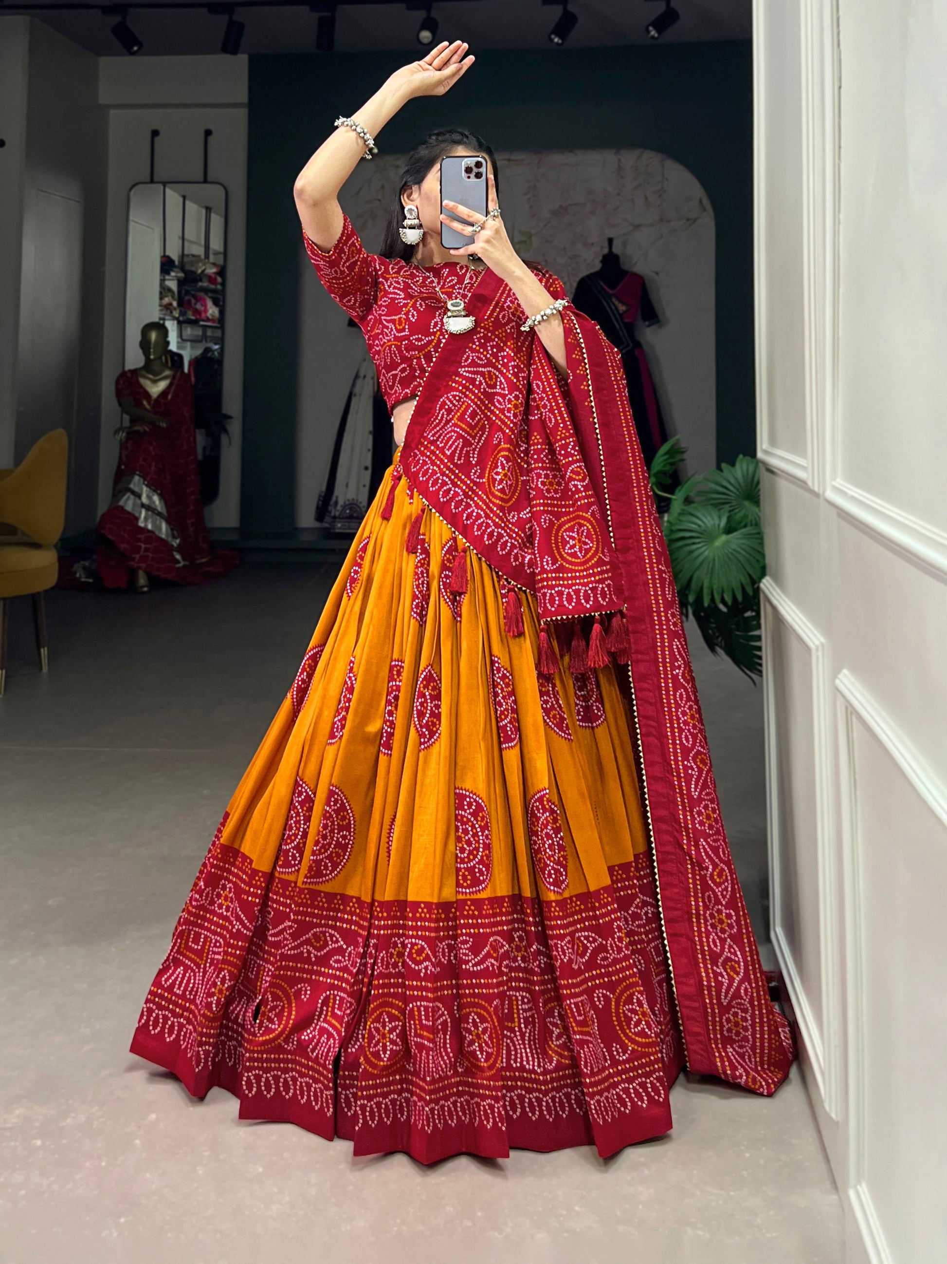 Lorenvalley Mustard Artistry in Tussar Silk with Bandhej Print Lehenga Choli | Swadesiicart