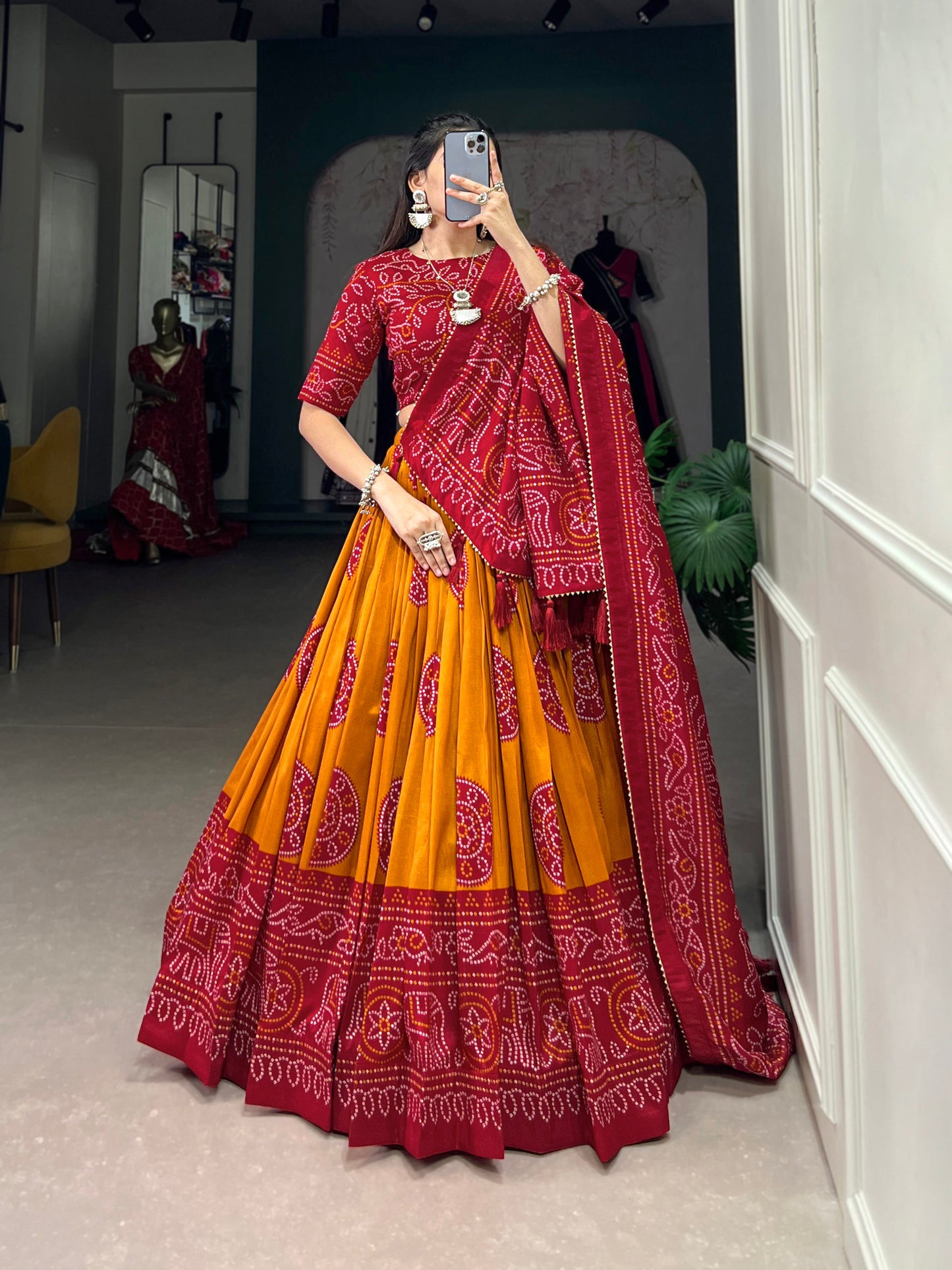 Lorenvalley Mustard Artistry in Tussar Silk with Bandhej Print Lehenga Choli | Swadesiicart