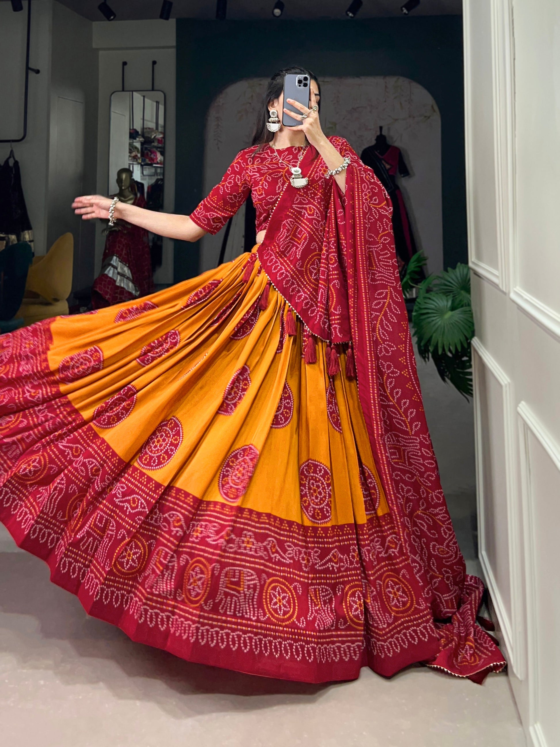 Lorenvalley Mustard Artistry in Tussar Silk with Bandhej Print Lehenga Choli | Swadesiicart