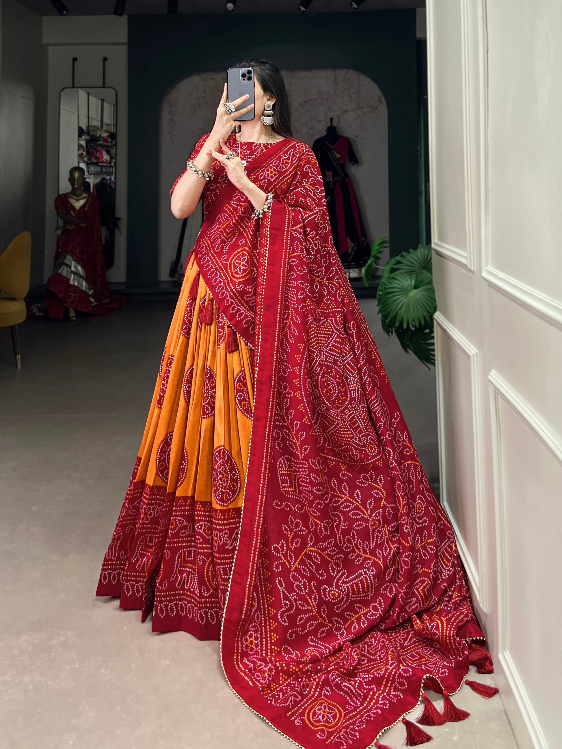Lorenvalley Mustard Artistry in Tussar Silk with Bandhej Print Lehenga Choli | Swadesiicart