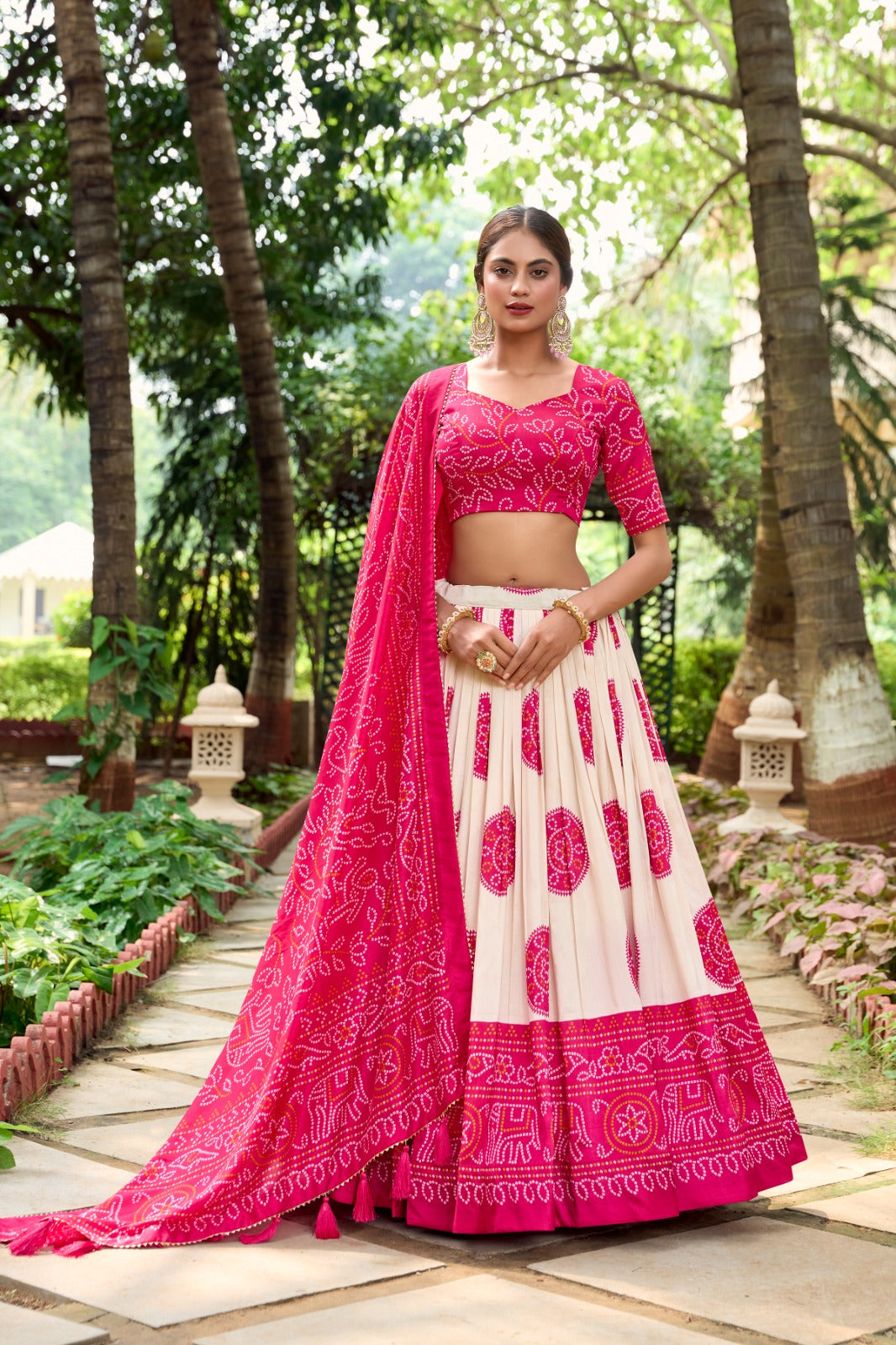 Lorenvalley Pink Artistry in Tussar Silk with Bandhej Print Lehenga Choli | Swadesiicart