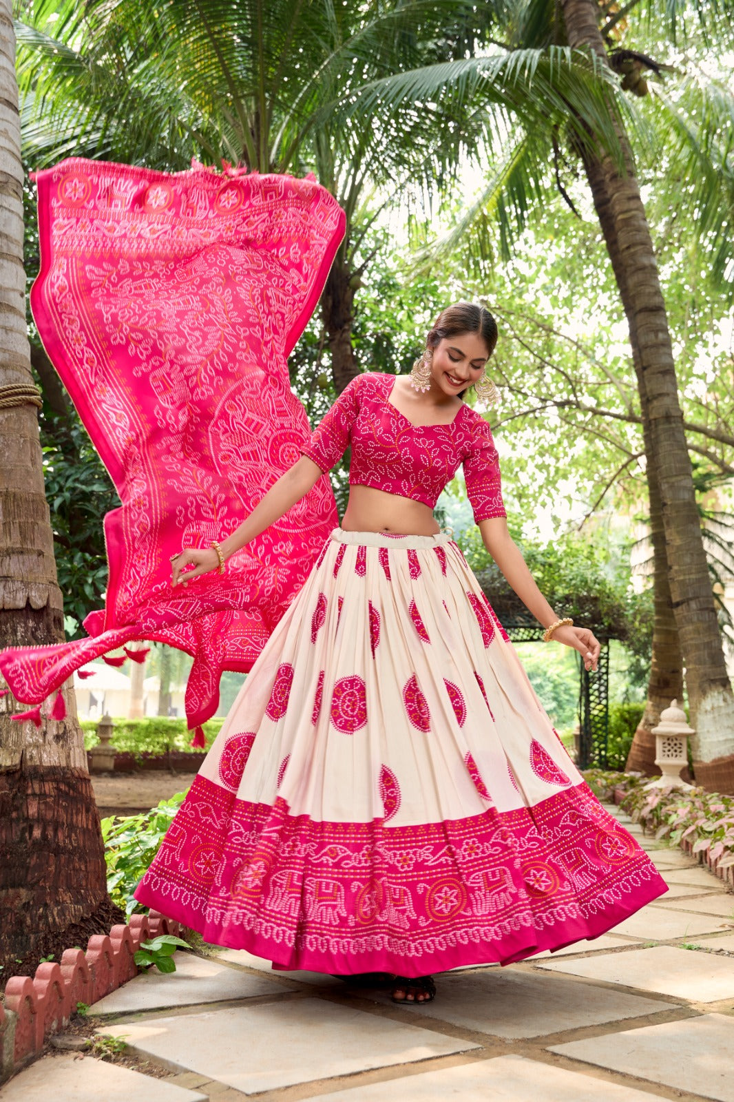 Lorenvalley Pink Artistry in Tussar Silk with Bandhej Print Lehenga Choli | Swadesiicart