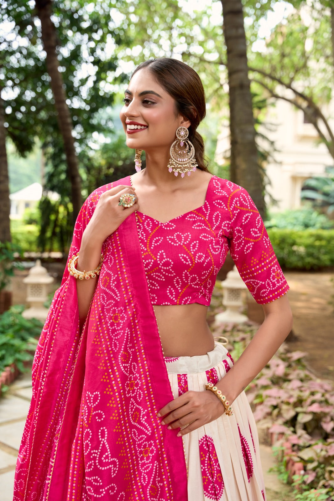 Lorenvalley Pink Artistry in Tussar Silk with Bandhej Print Lehenga Choli | Swadesiicart