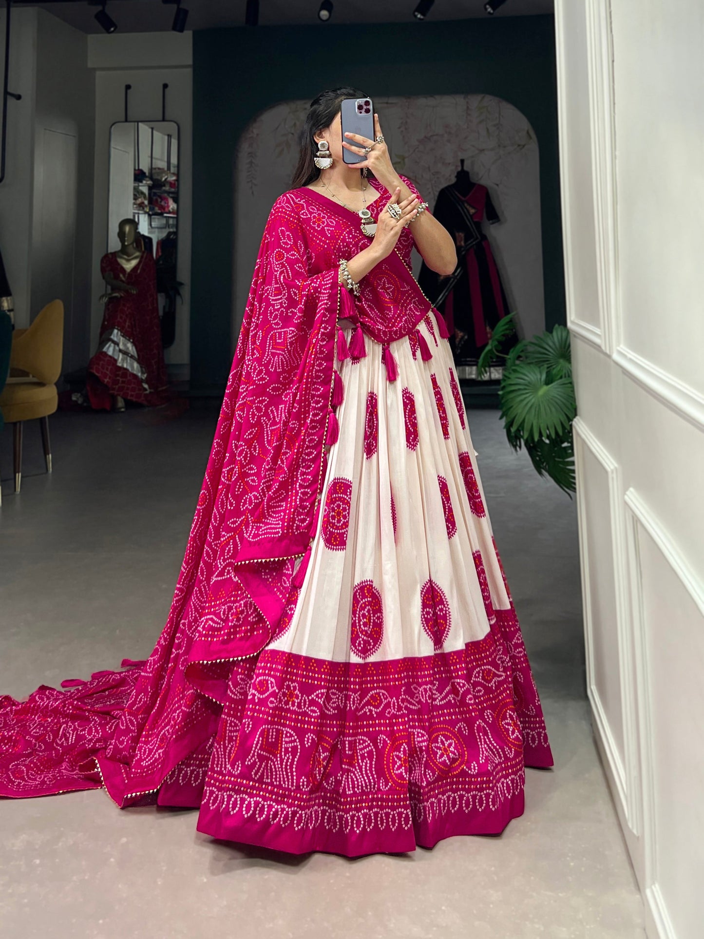 Lorenvalley Pink Artistry in Tussar Silk with Bandhej Print Lehenga Choli | Swadesiicart
