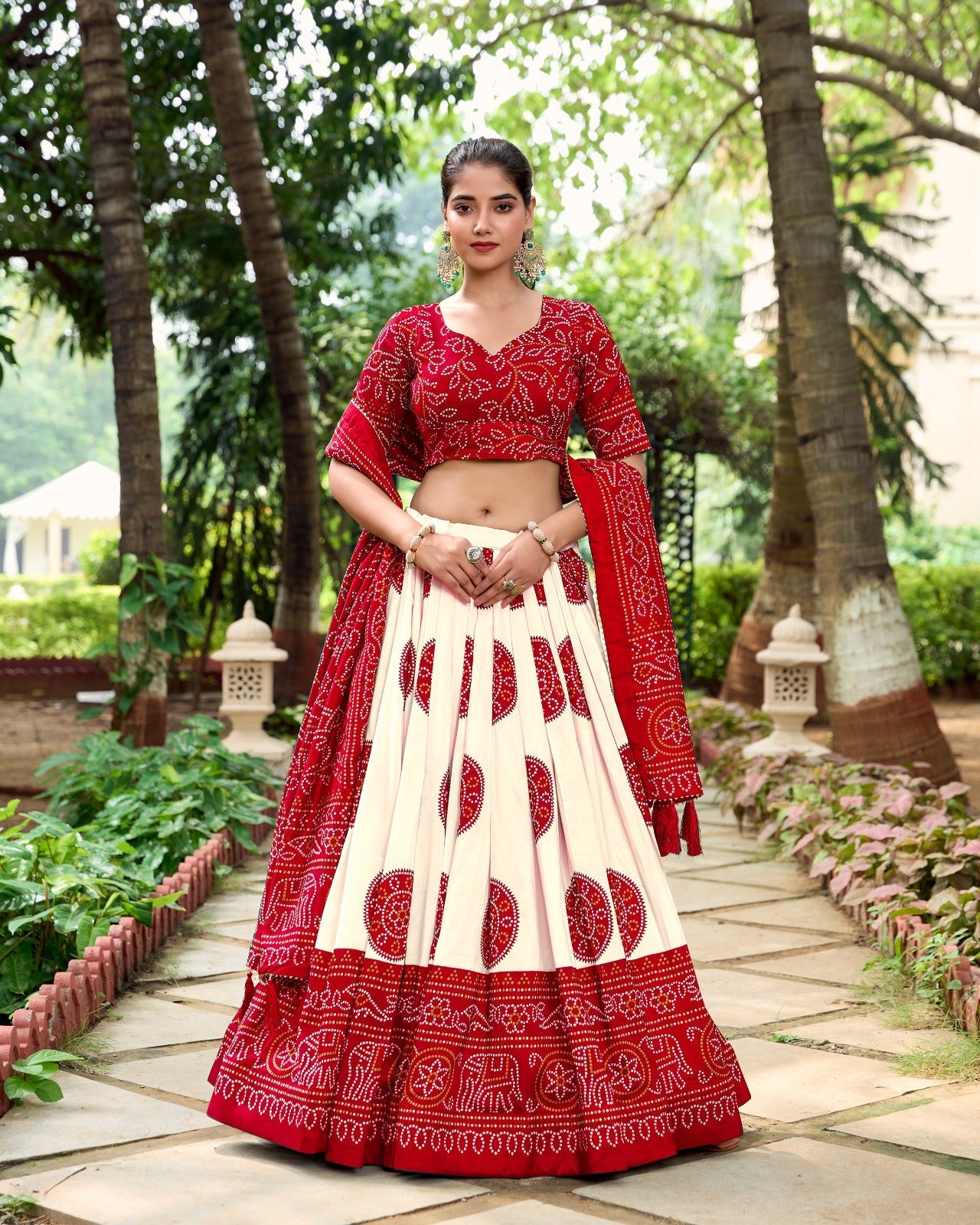 Lorenvalley Red Artistry in Tussar Silk with Bandhej Print Lehenga Choli | Swadesiicart