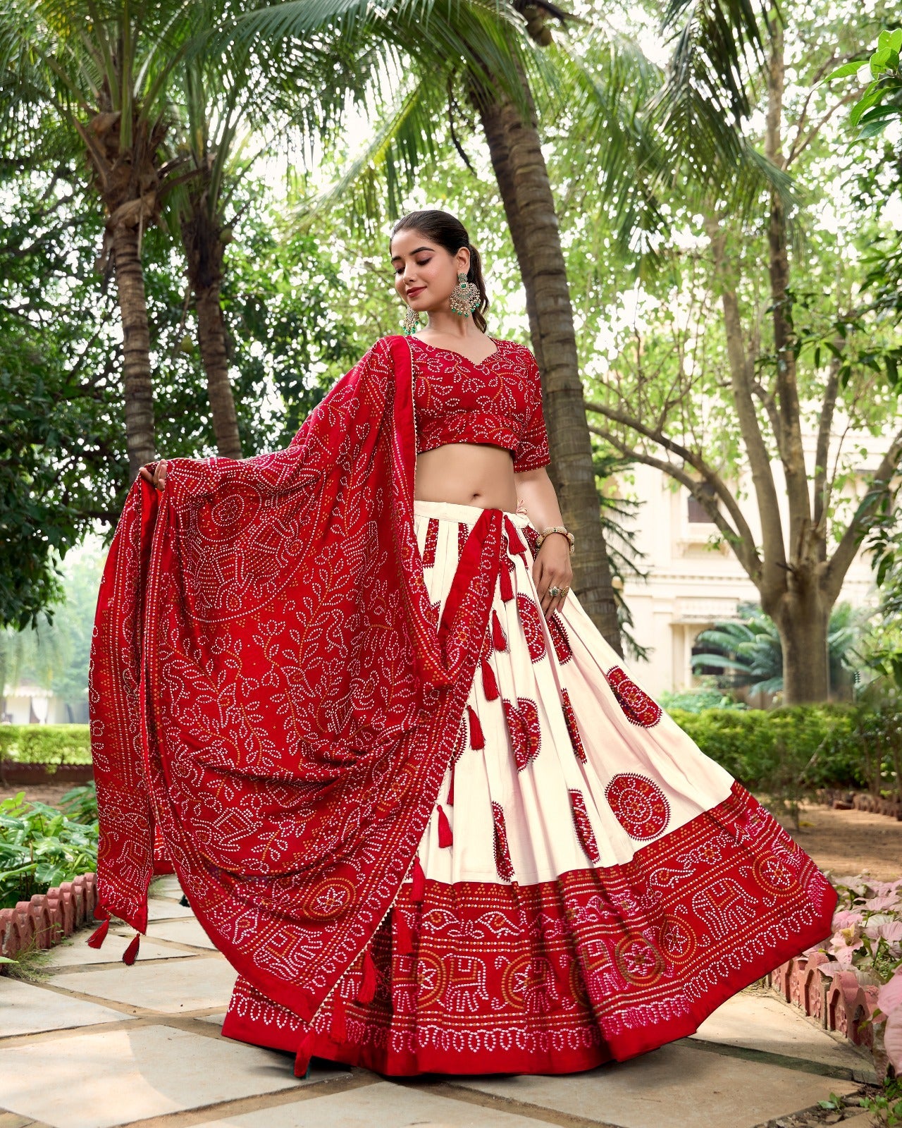 Lorenvalley Red Artistry in Tussar Silk with Bandhej Print Lehenga Choli | Swadesiicart