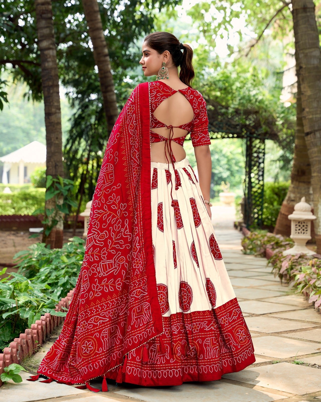 Lorenvalley Red Artistry in Tussar Silk with Bandhej Print Lehenga Choli | Swadesiicart