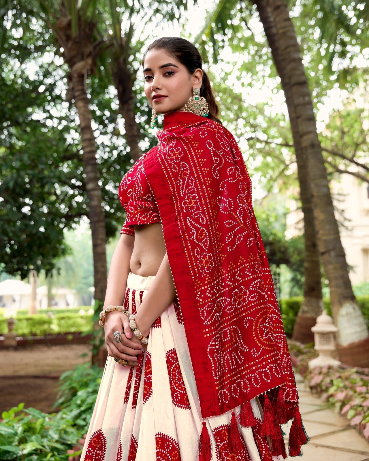 Lorenvalley Red Artistry in Tussar Silk with Bandhej Print Lehenga Choli | Swadesiicart