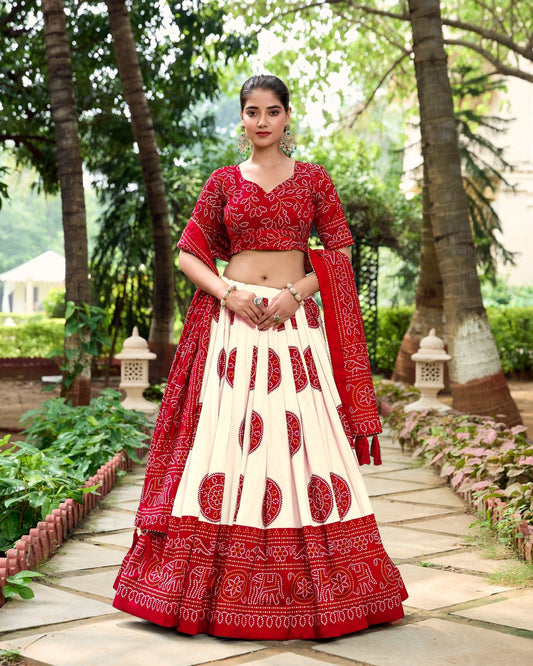 Lorenvalley Red Artistry in Tussar Silk with Bandhej Print Lehenga Choli | Swadesiicart