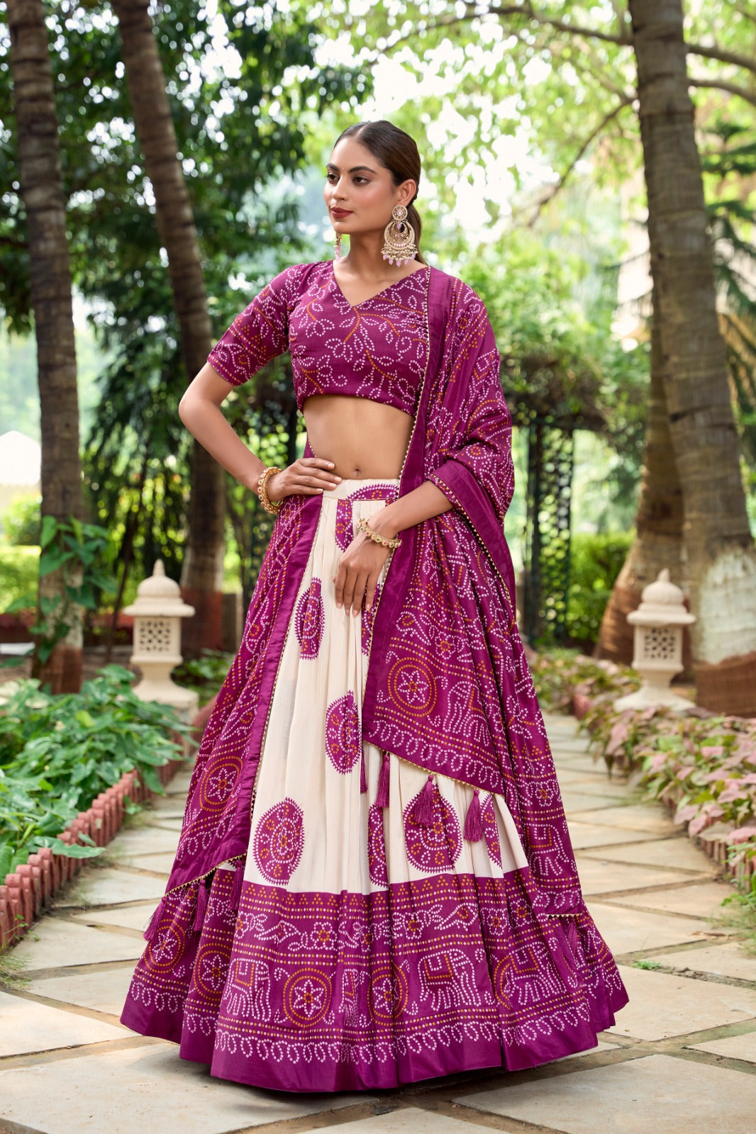 Lorenvalley Wine Artistry in Tussar Silk with Bandhej Print Lehenga Choli | Swadesiicart