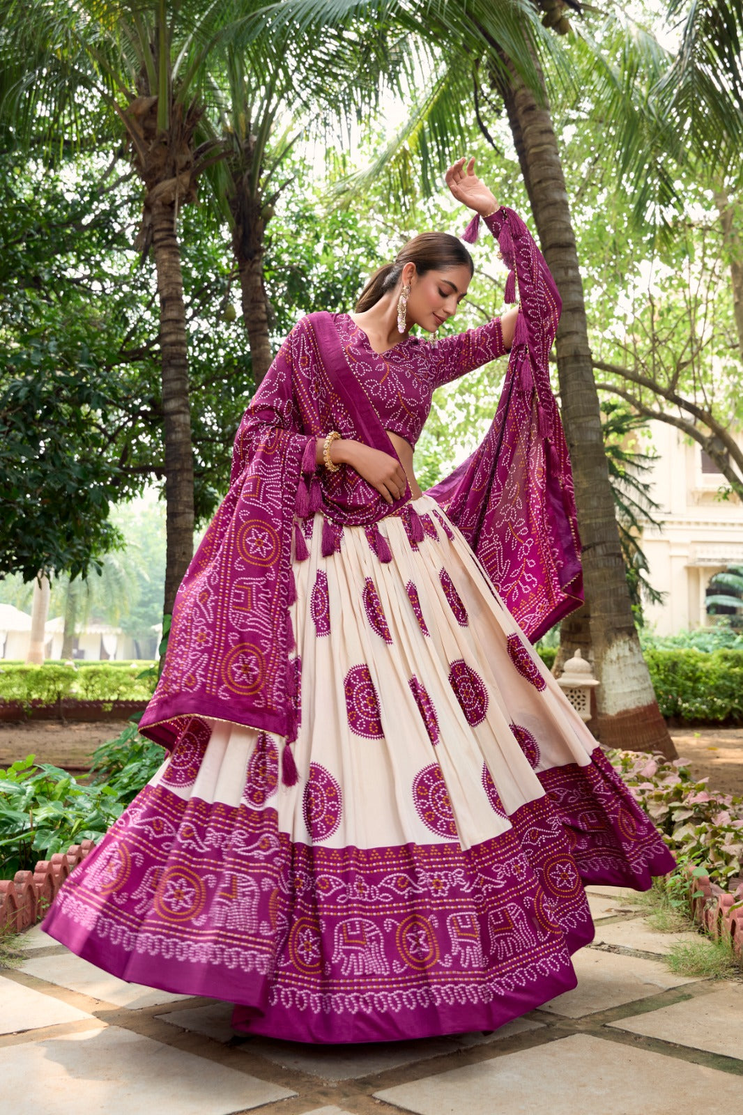 Lorenvalley Wine Artistry in Tussar Silk with Bandhej Print Lehenga Choli | Swadesiicart
