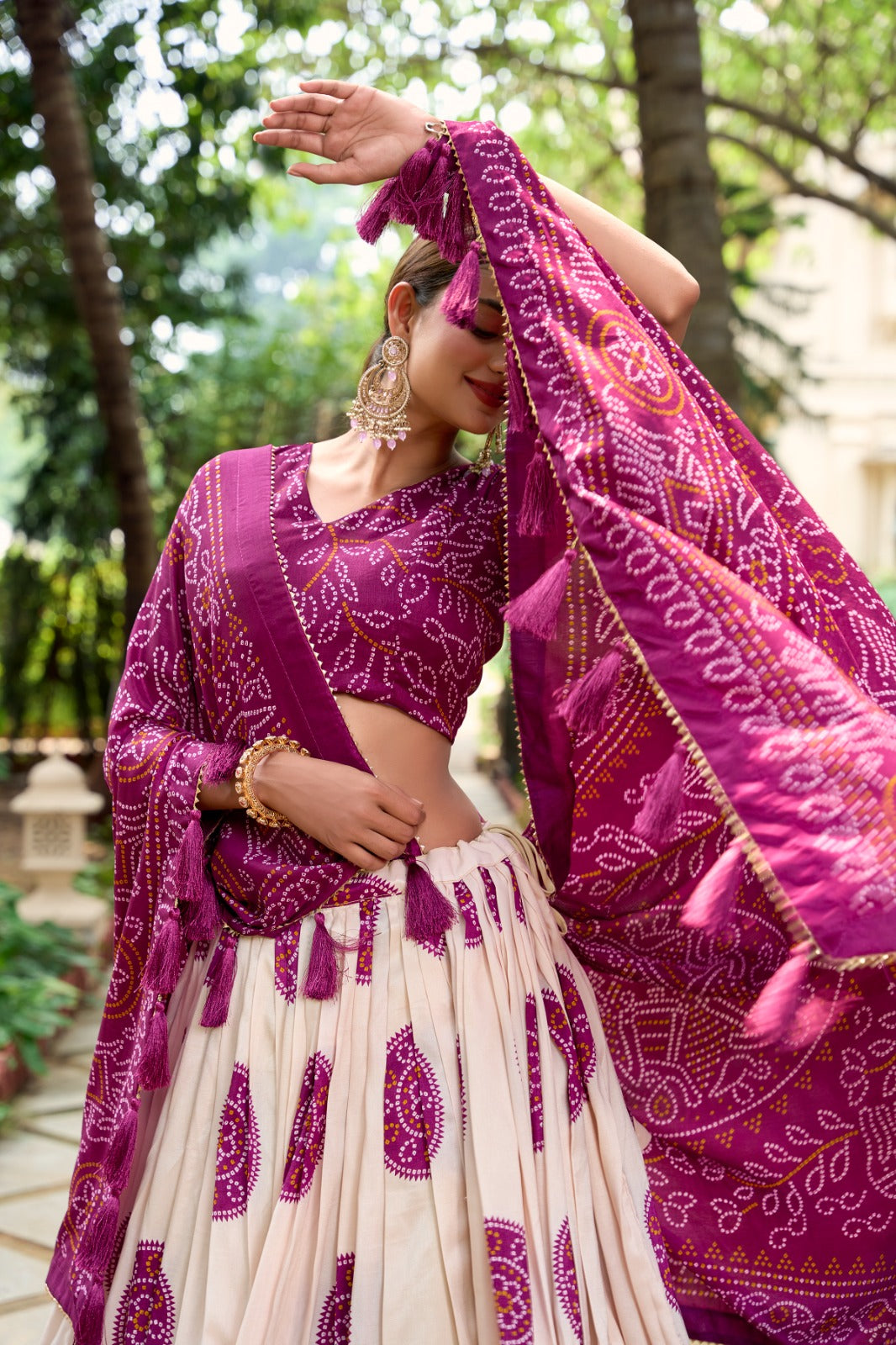 Lorenvalley Wine Artistry in Tussar Silk with Bandhej Print Lehenga Choli | Swadesiicart