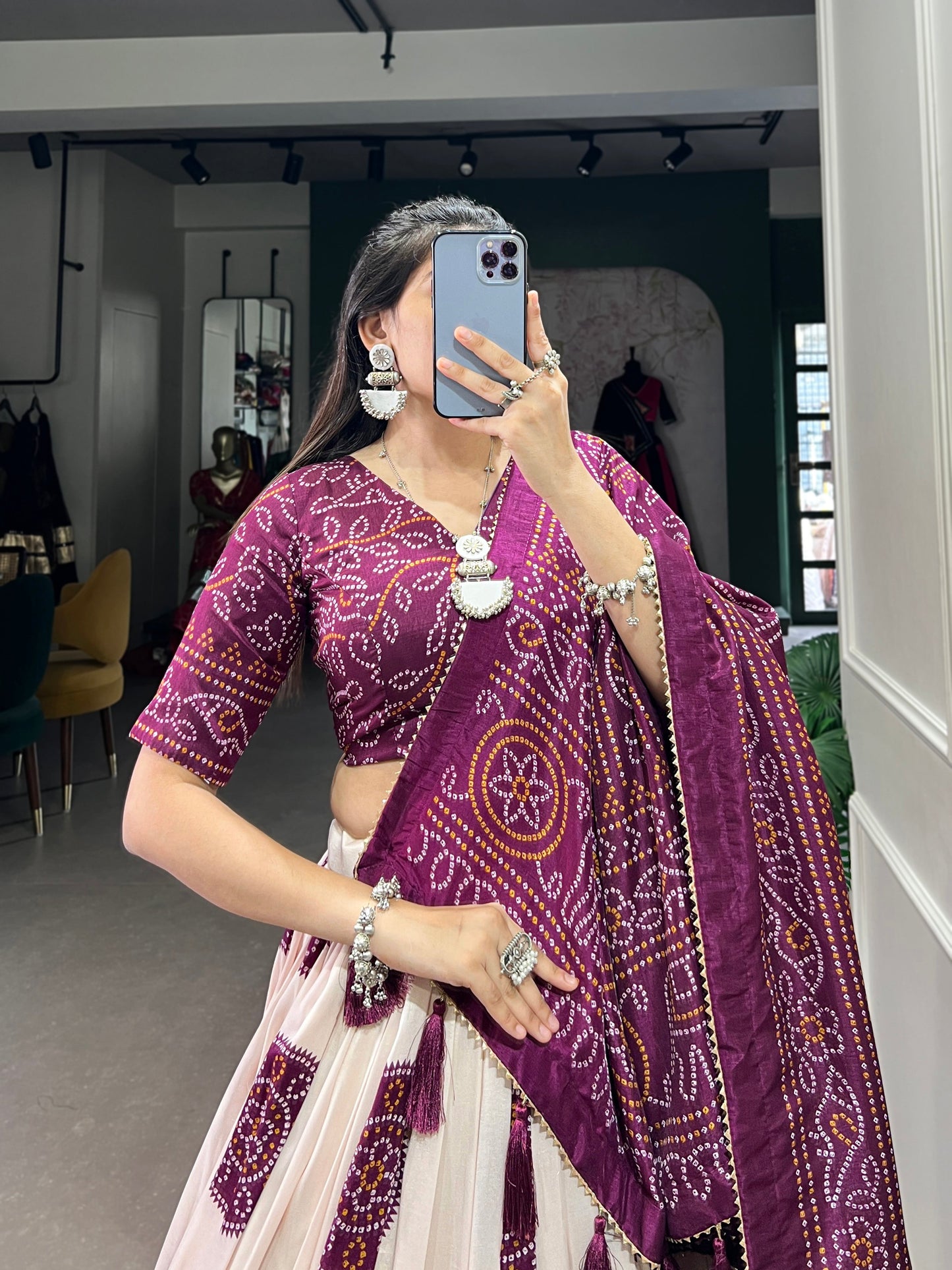 Lorenvalley Wine Artistry in Tussar Silk with Bandhej Print Lehenga Choli | Swadesiicart
