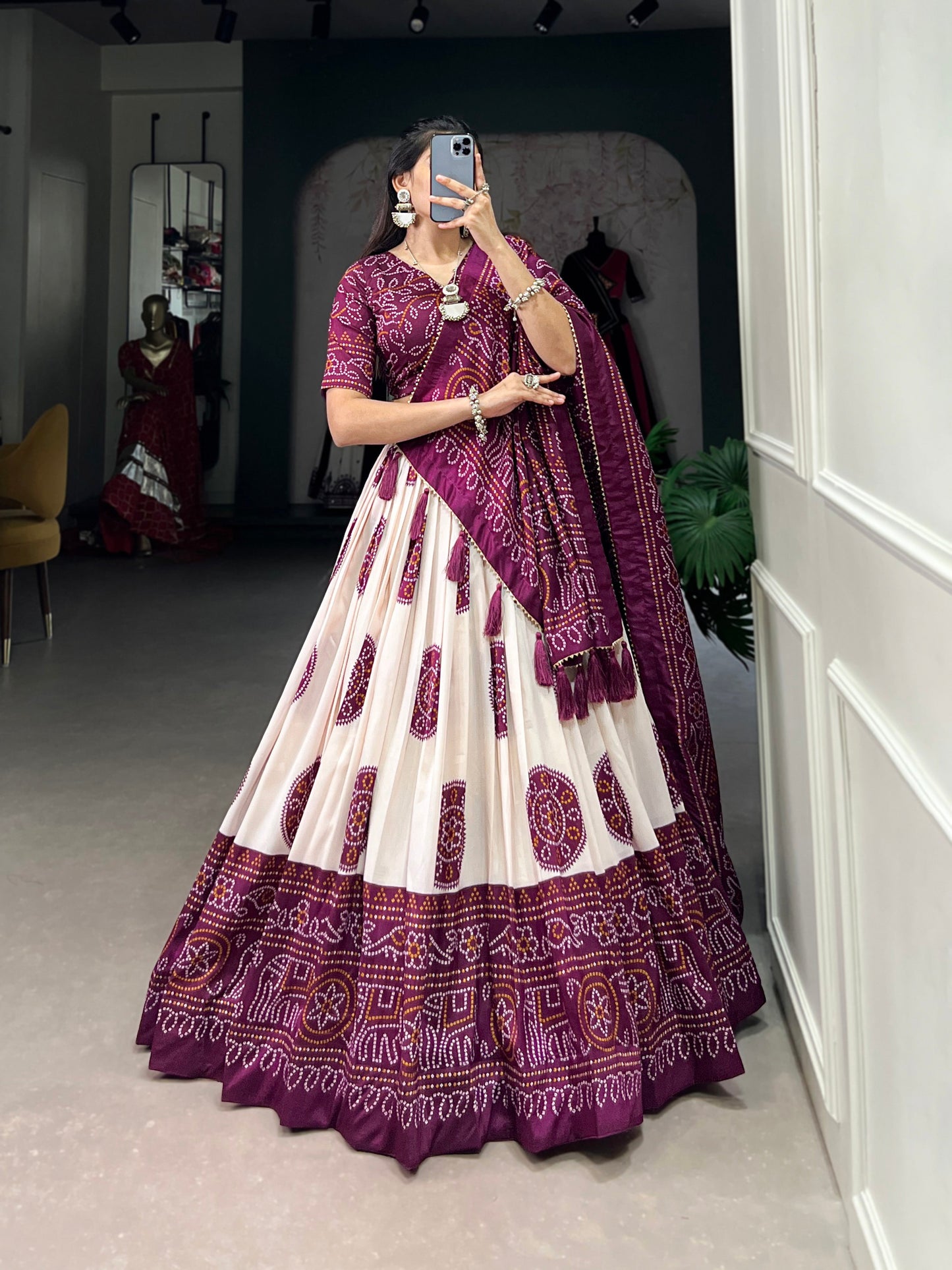 Lorenvalley Wine Artistry in Tussar Silk with Bandhej Print Lehenga Choli | Swadesiicart