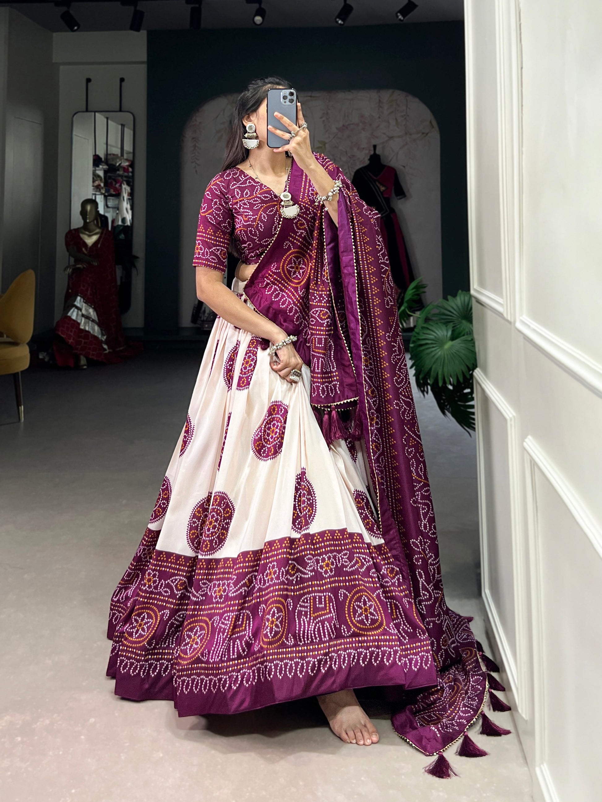 Lorenvalley Wine Artistry in Tussar Silk with Bandhej Print Lehenga Choli | Swadesiicart