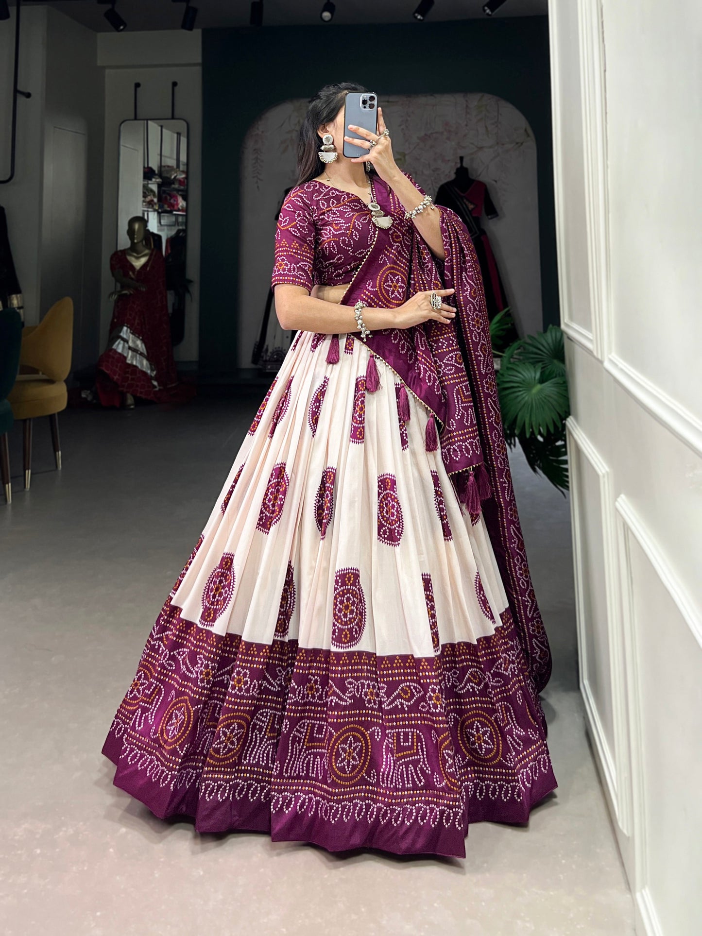 Lorenvalley Wine Artistry in Tussar Silk with Bandhej Print Lehenga Choli | Swadesiicart