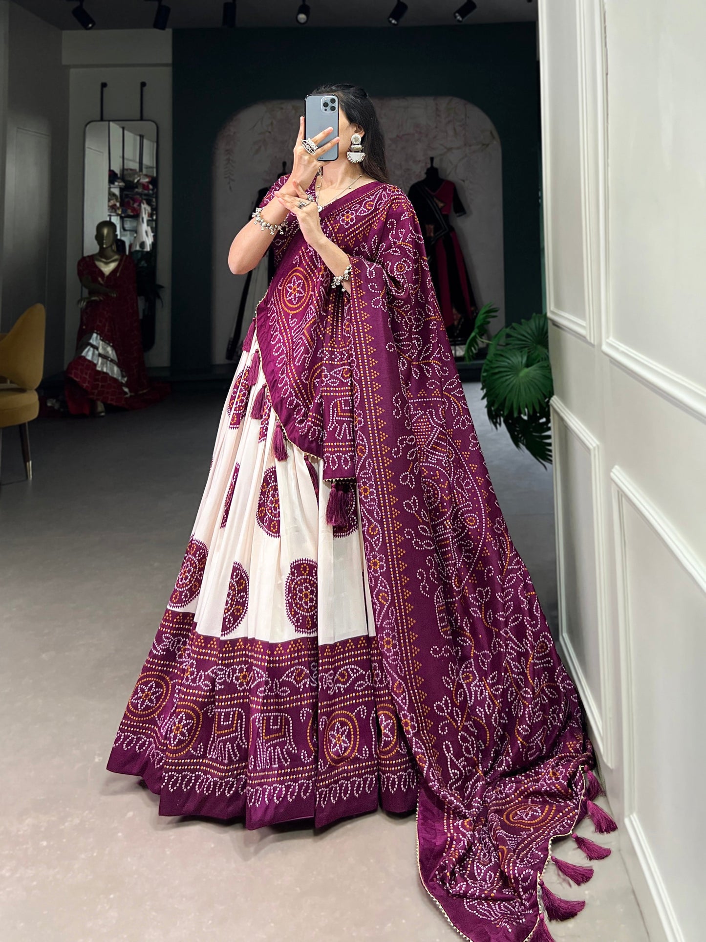 Lorenvalley Wine Artistry in Tussar Silk with Bandhej Print Lehenga Choli | Swadesiicart