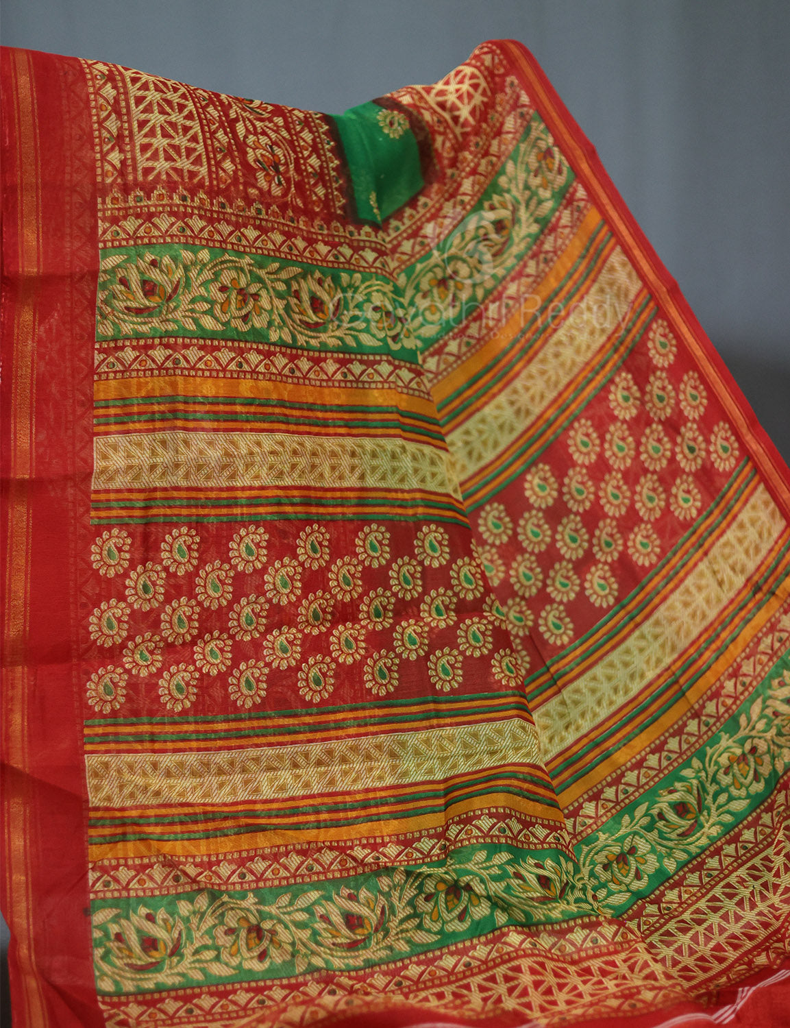 Shades of Leaf Green Floral Print Semi Chanderi Saree By Gayathri Reddy Designer Studio | Swadesiicart