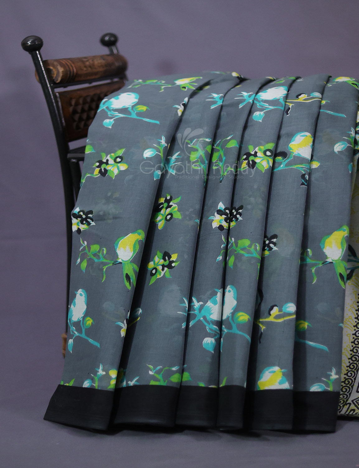 Grey Colour Combo With Brid Print Pure Mulmul Cotton Saree By Gayathri Reddy Designer Studio | Swadesiicart