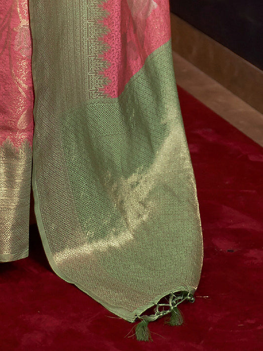 Mitera Women Pink & Green Floral Zari Silk Blend Banarasi Saree | Swadesiicart