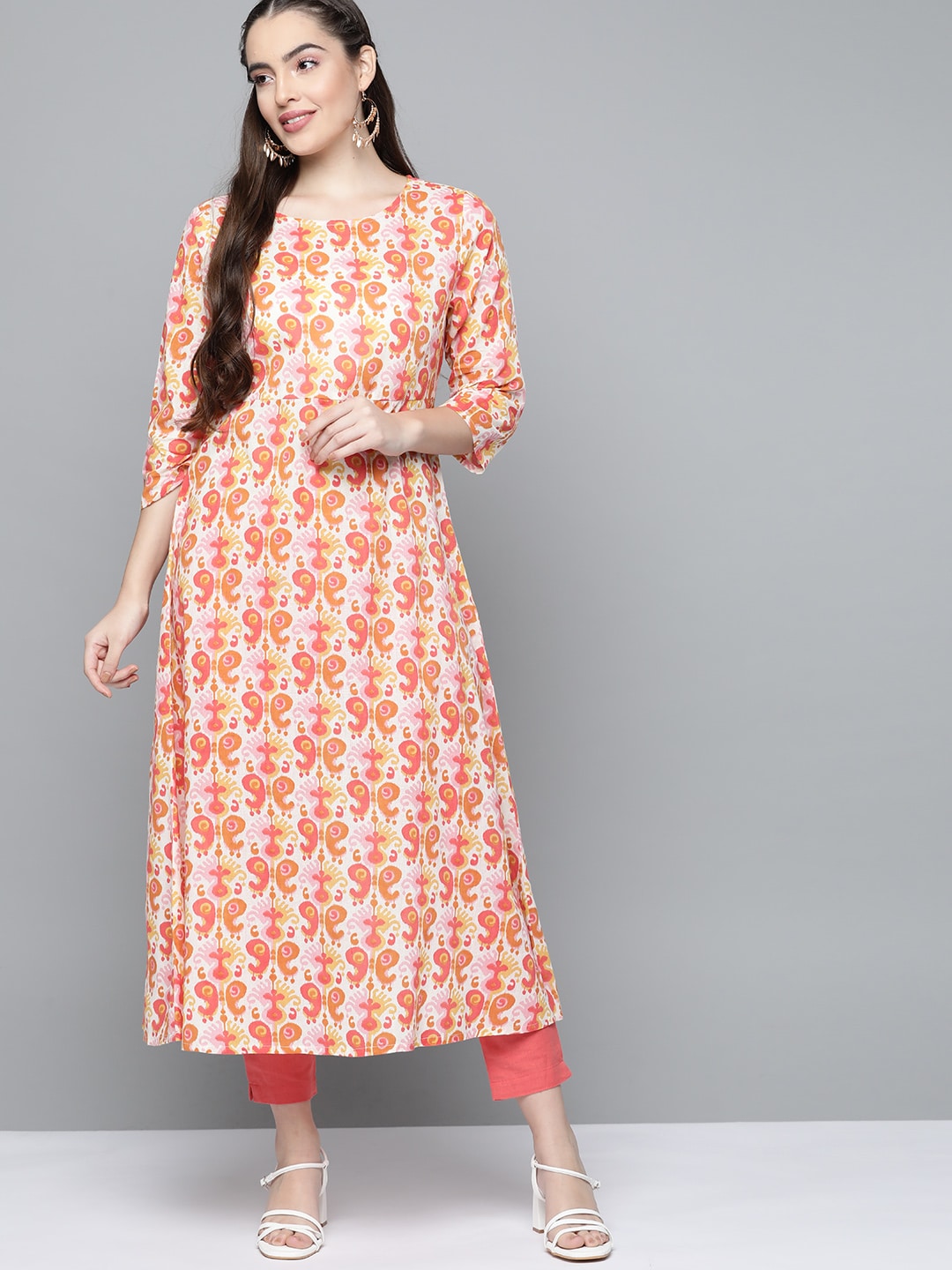 HERE&NOW Women Orange & White Ethnic Motifs Printed Kurta - Swadesiicart