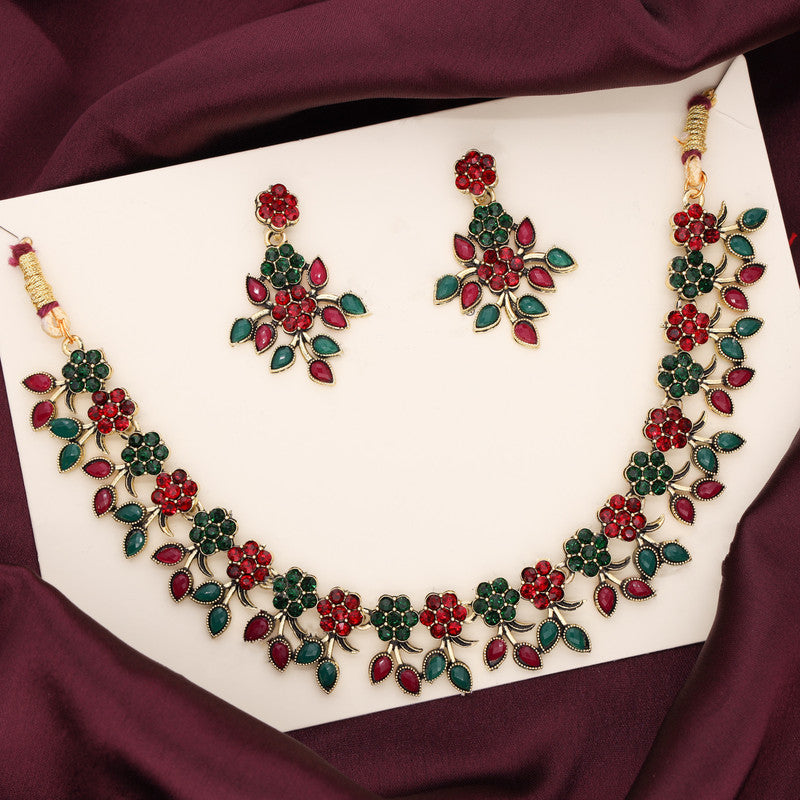 Tehzeeb Creations Green And Maroon Pack of 1 Gold-Polished Choker Necklace Set With Earring For Women & Girls - Swadesiicart