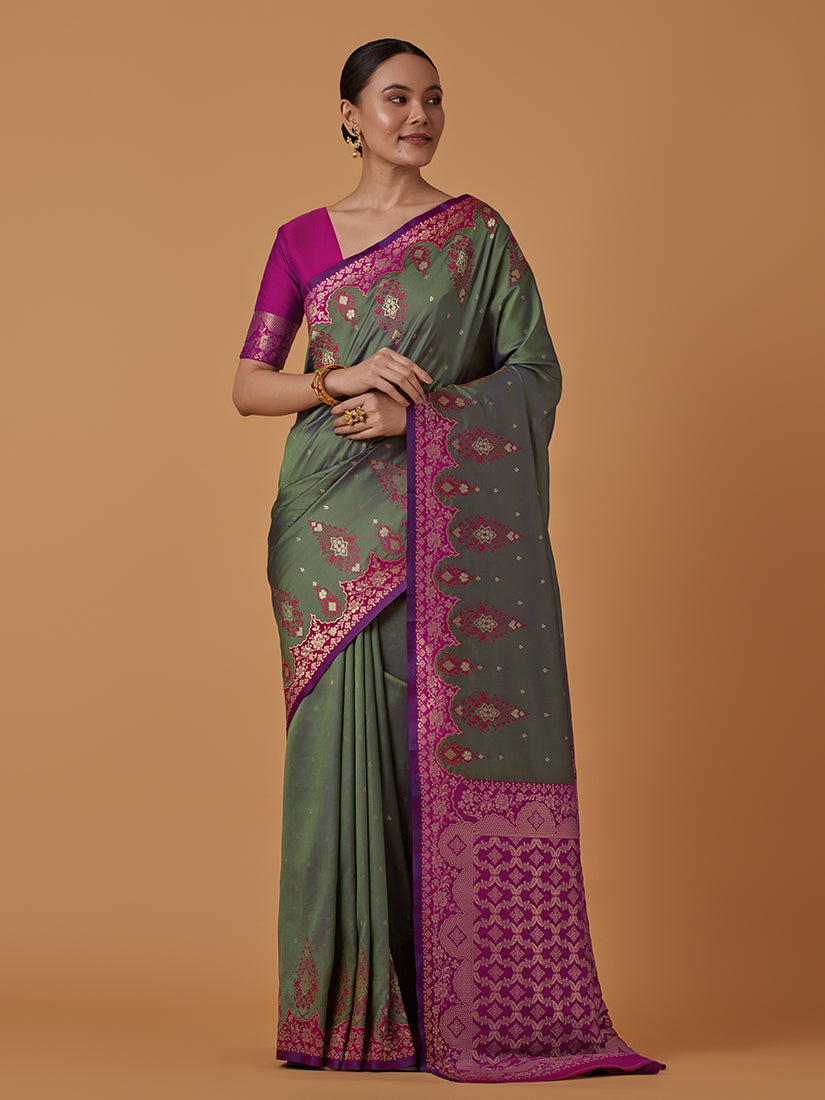 Monjolika Fashion Olive Banarasi Silk Blend SareeWith Zari Woven Rich Brocade Design | Swadesiicart