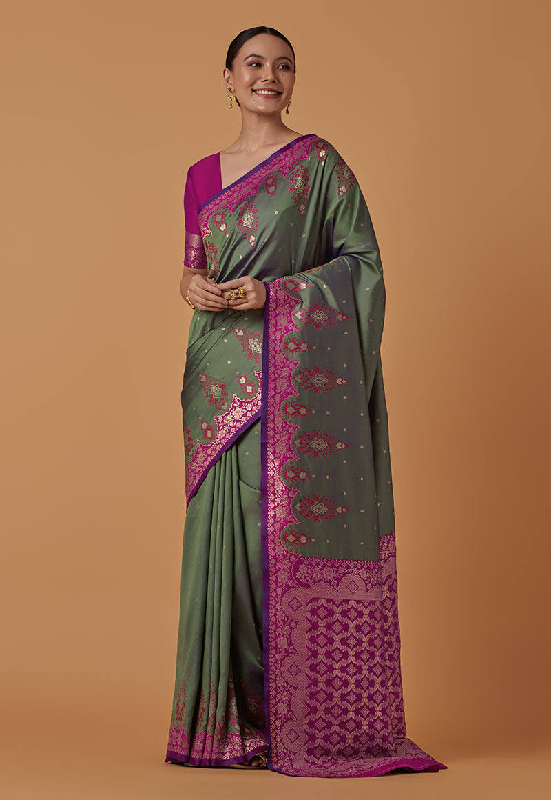 Monjolika Fashion Olive Banarasi Silk Blend SareeWith Zari Woven Rich Brocade Design | Swadesiicart