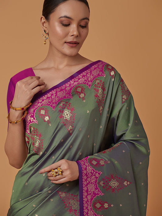 Monjolika Fashion Olive Banarasi Silk Blend SareeWith Zari Woven Rich Brocade Design | Swadesiicart