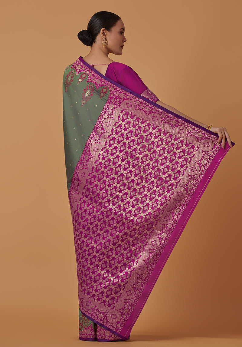 Monjolika Fashion Olive Banarasi Silk Blend SareeWith Zari Woven Rich Brocade Design | Swadesiicart