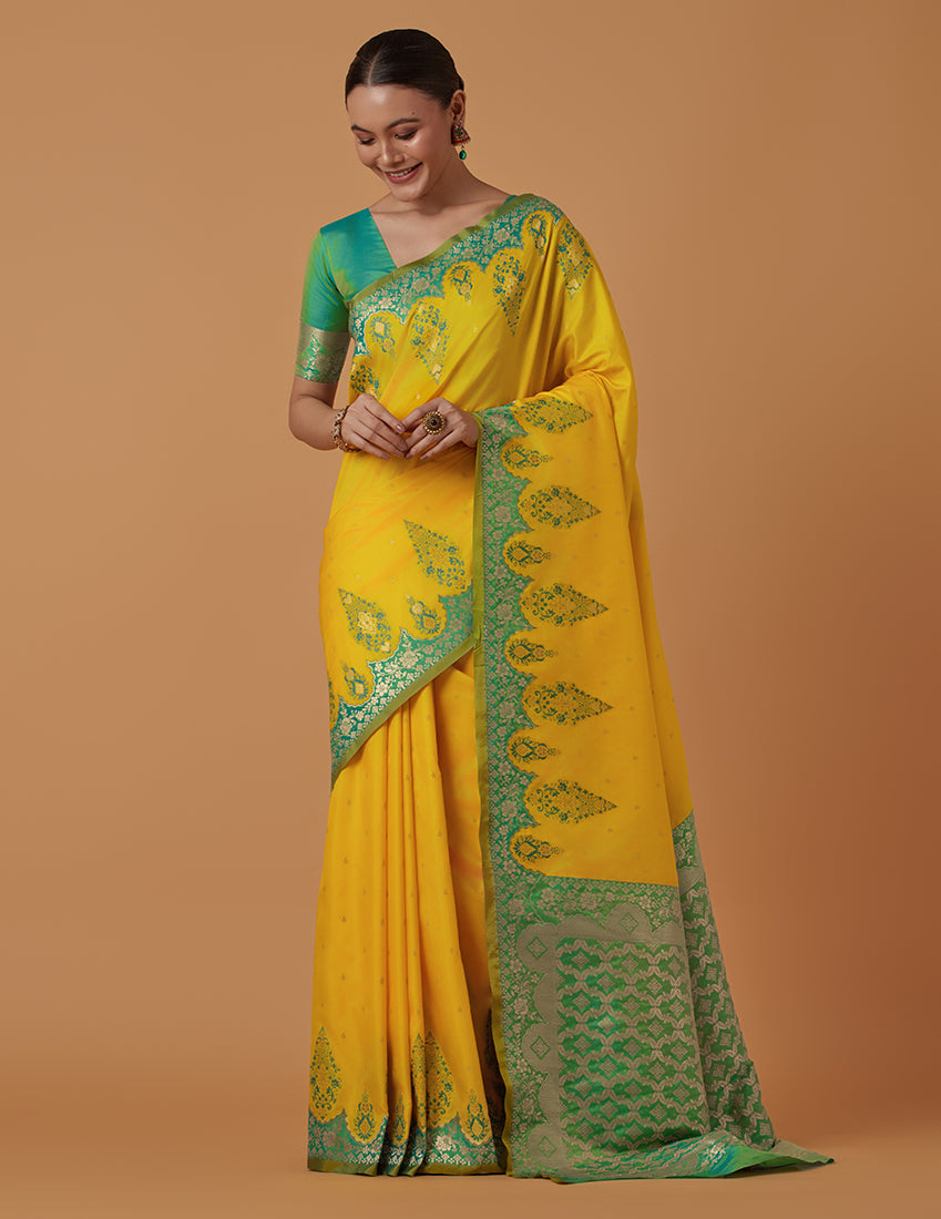 Monjolika Fashion Yellow Banarasi Silk Blend SareeWith Zari Woven Rich Brocade Design | Swadesiicart