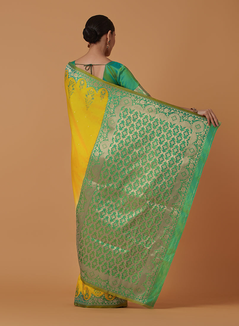 Monjolika Fashion Yellow Banarasi Silk Blend SareeWith Zari Woven Rich Brocade Design | Swadesiicart