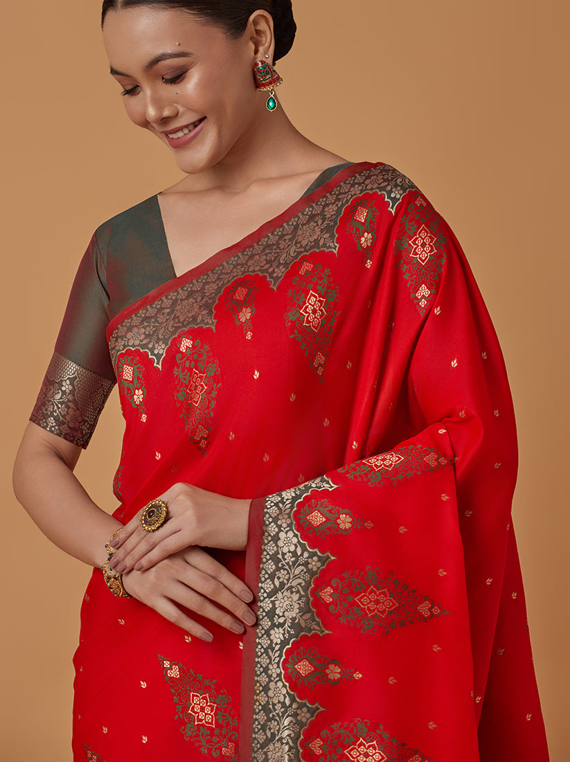 Monjolika Fashion Red Banarasi Silk Blend SareeWith Zari Woven Rich Brocade Design | Swadesiicart