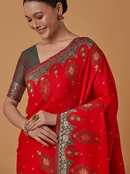 Monjolika Fashion Red Banarasi Silk Blend SareeWith Zari Woven Rich Brocade Design | Swadesiicart