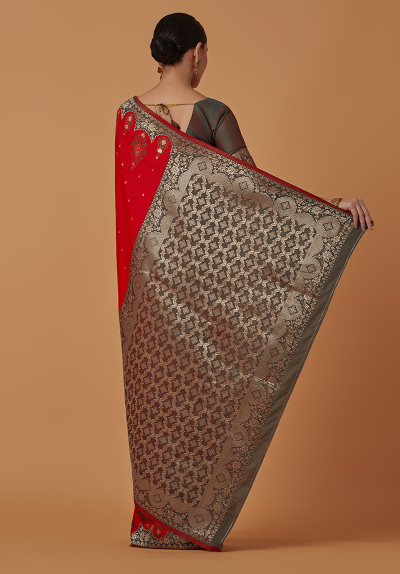 Monjolika Fashion Red Banarasi Silk Blend SareeWith Zari Woven Rich Brocade Design | Swadesiicart