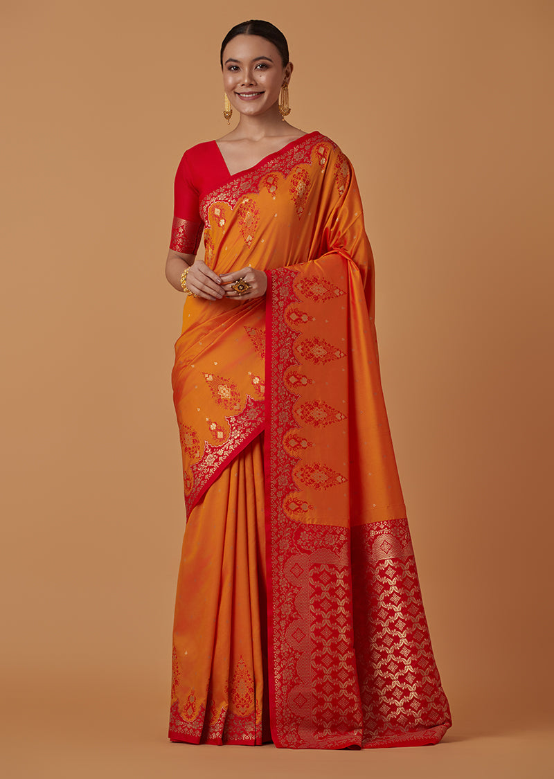 Monjolika Fashion Amber Banarasi Silk Blend SareeWith Zari Woven Rich Brocade Design | Swadesiicart
