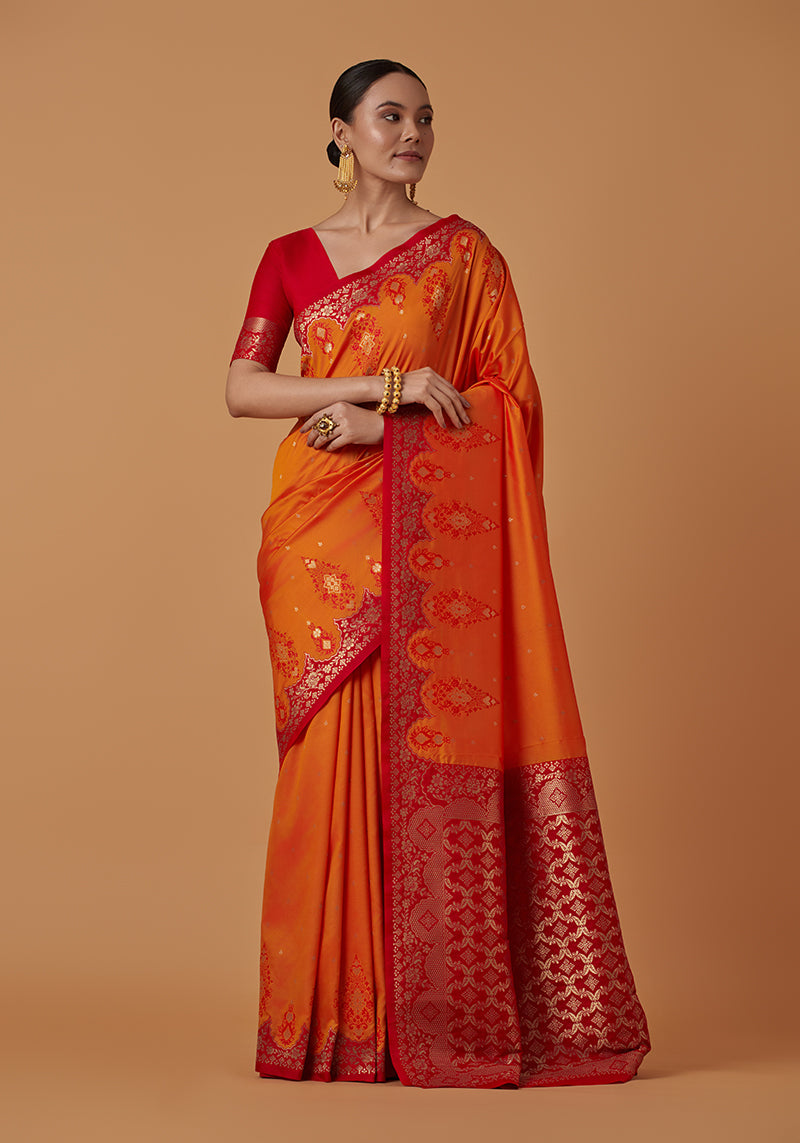 Monjolika Fashion Amber Banarasi Silk Blend SareeWith Zari Woven Rich Brocade Design | Swadesiicart
