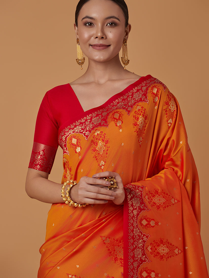 Monjolika Fashion Amber Banarasi Silk Blend SareeWith Zari Woven Rich Brocade Design | Swadesiicart