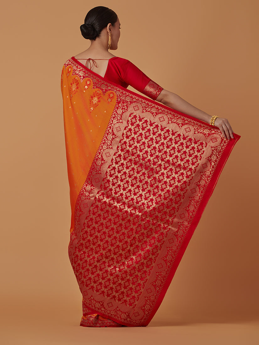 Monjolika Fashion Amber Banarasi Silk Blend SareeWith Zari Woven Rich Brocade Design | Swadesiicart