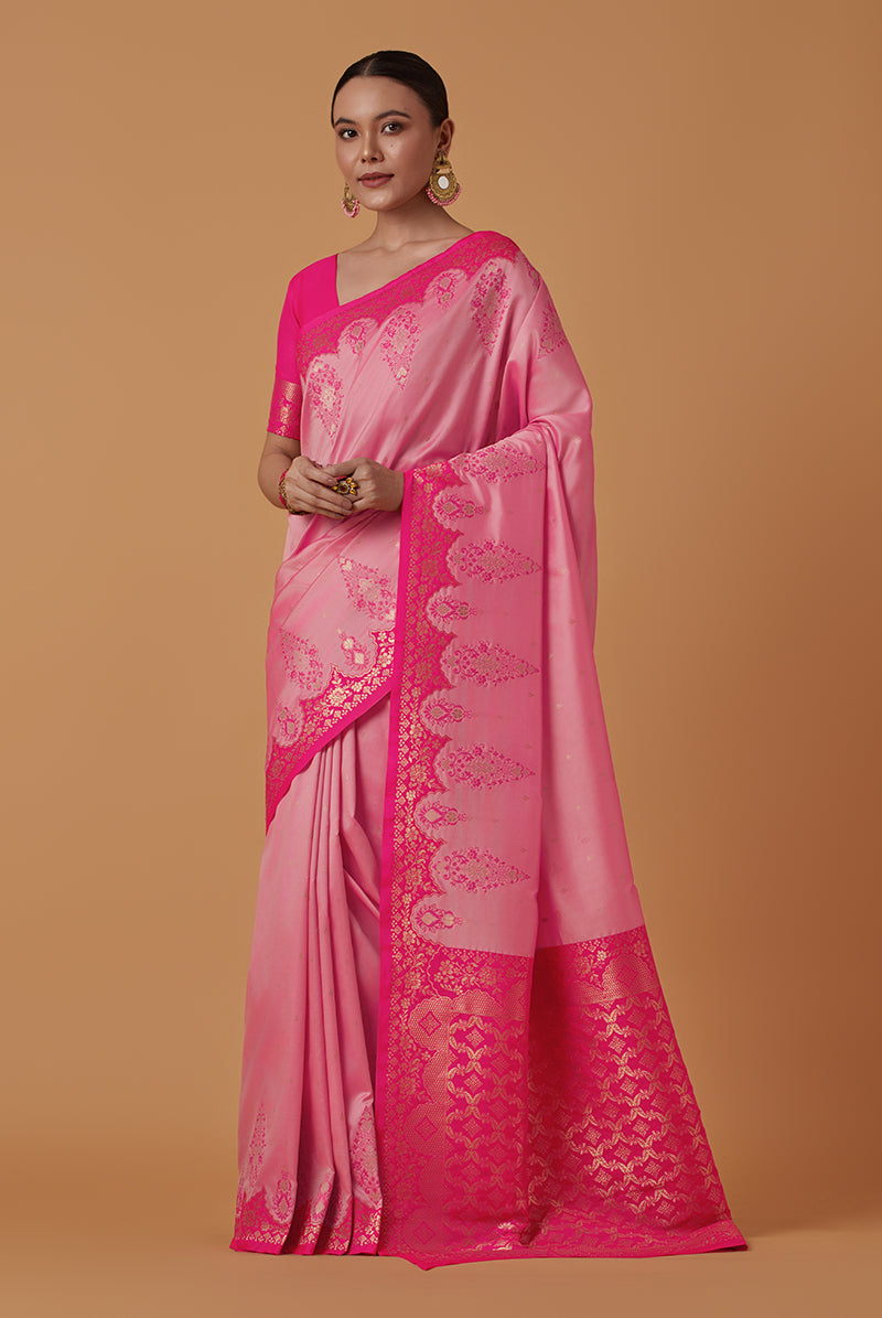 Monjolika Fashion Light Pink Banarasi Silk Blend SareeWith Zari Woven Rich Brocade Design | Swadesiicart