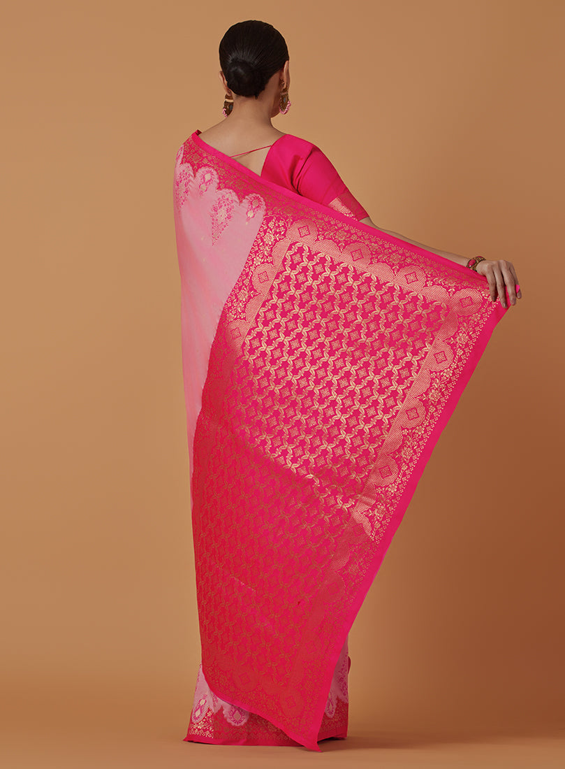 Monjolika Fashion Light Pink Banarasi Silk Blend SareeWith Zari Woven Rich Brocade Design | Swadesiicart
