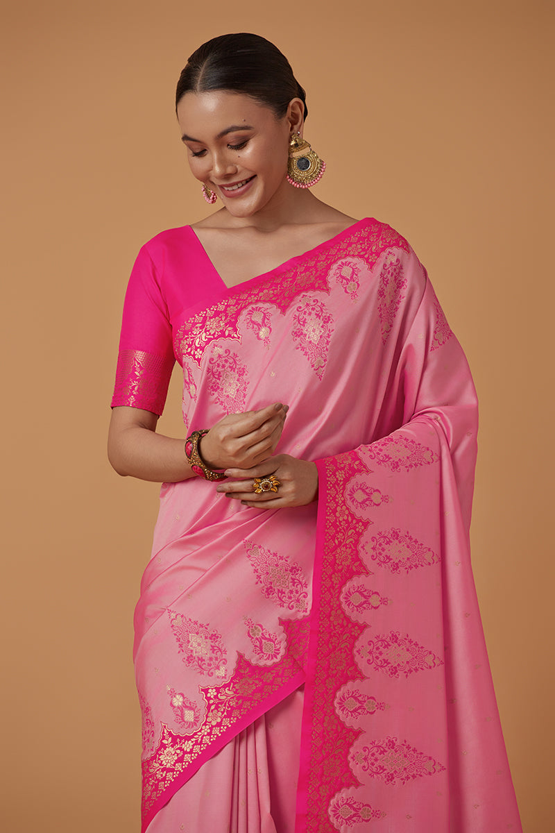 Monjolika Fashion Light Pink Banarasi Silk Blend SareeWith Zari Woven Rich Brocade Design | Swadesiicart