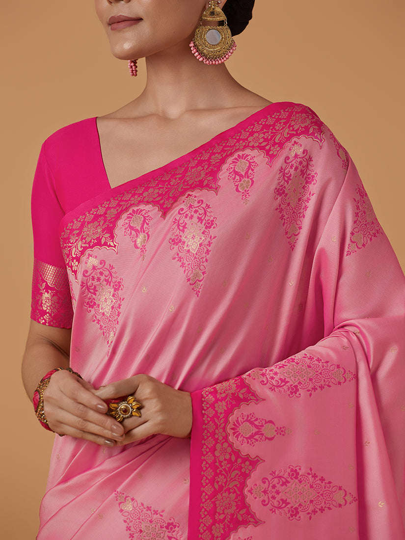 Monjolika Fashion Light Pink Banarasi Silk Blend SareeWith Zari Woven Rich Brocade Design | Swadesiicart