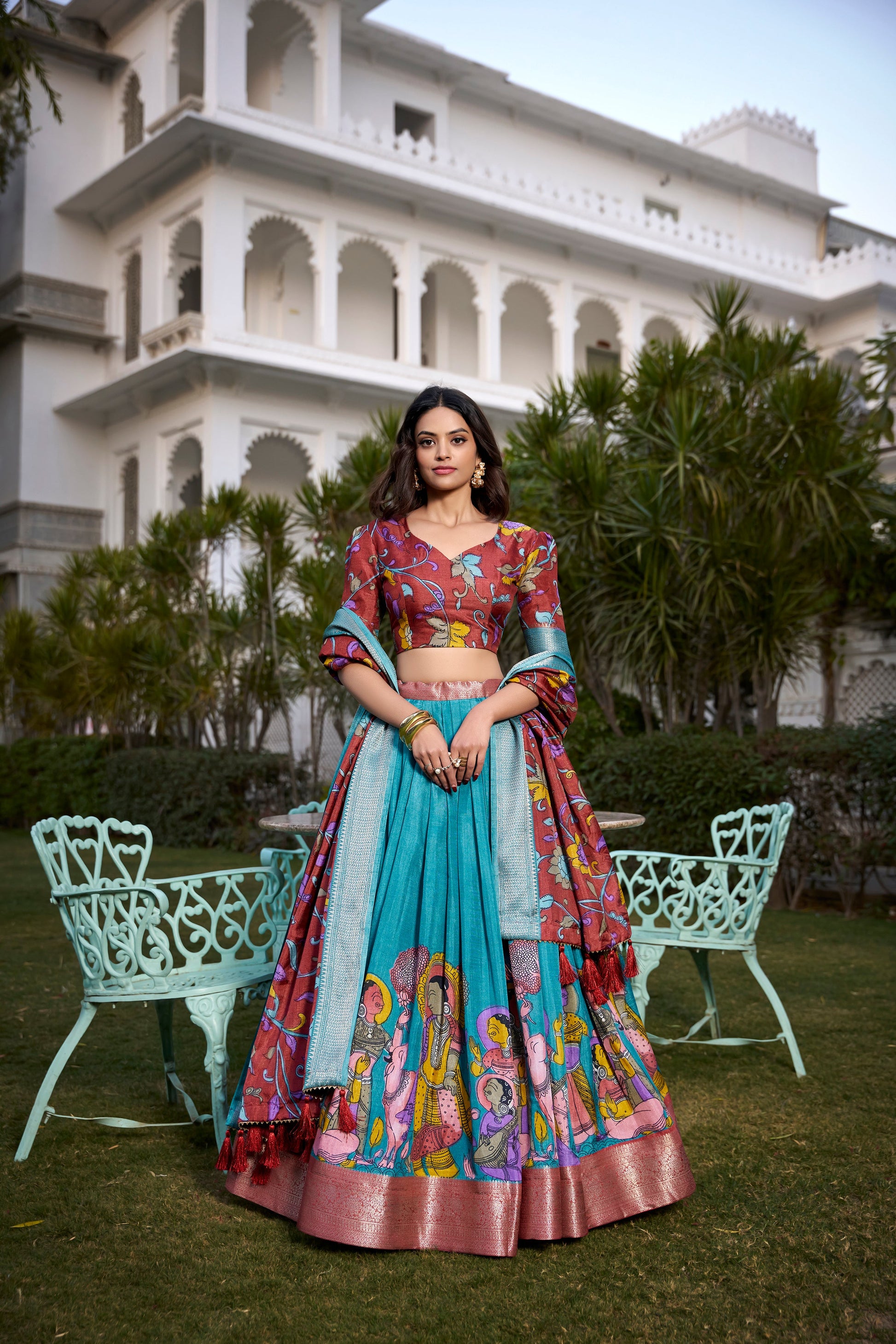 Lorenvalley Firozi Dola Silk with Jacquard Printed (Kalamkari) with Zari Weaving Border Lehenga Choli | Swadesiicart