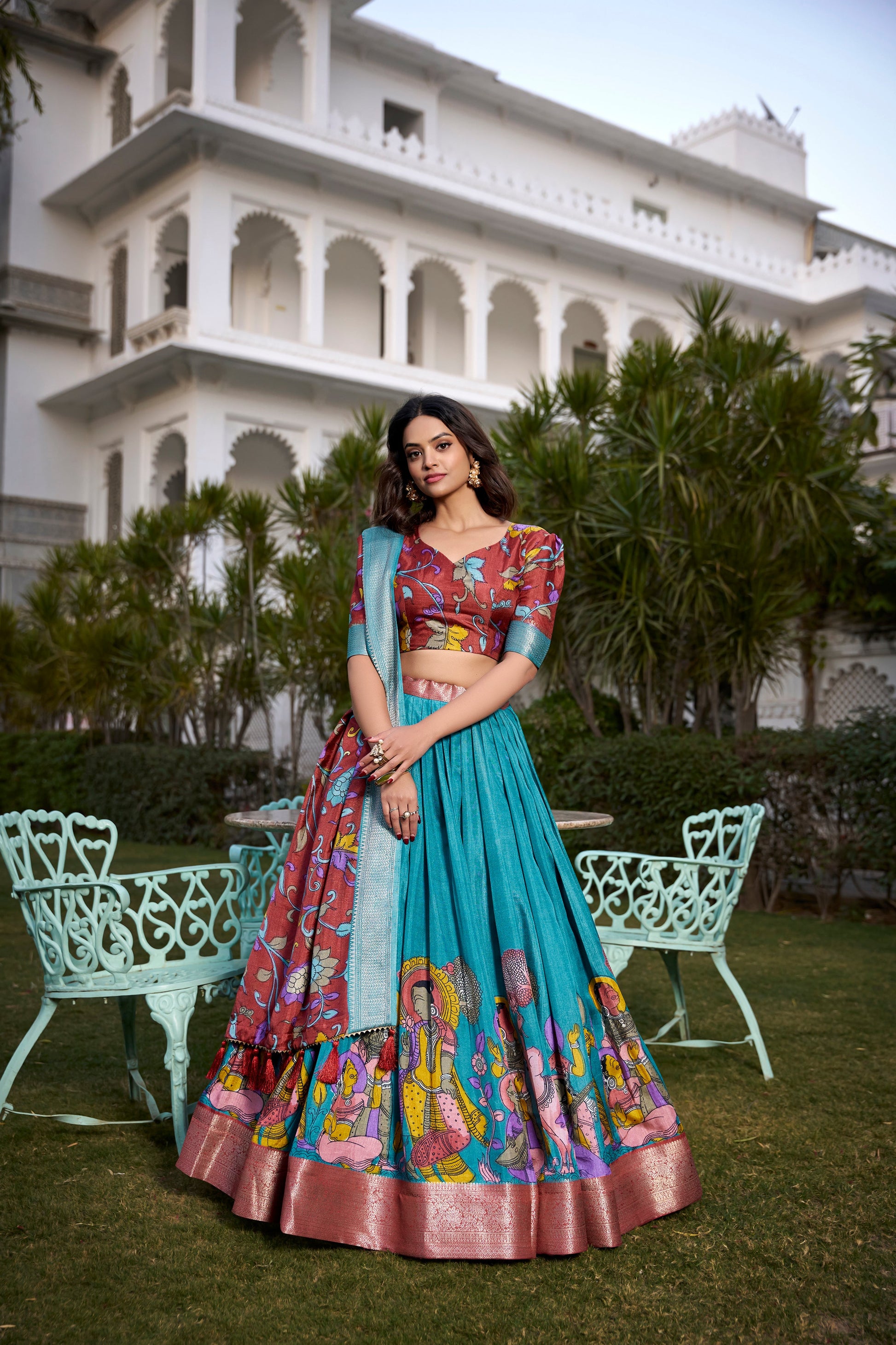 Lorenvalley Firozi Dola Silk with Jacquard Printed (Kalamkari) with Zari Weaving Border Lehenga Choli | Swadesiicart