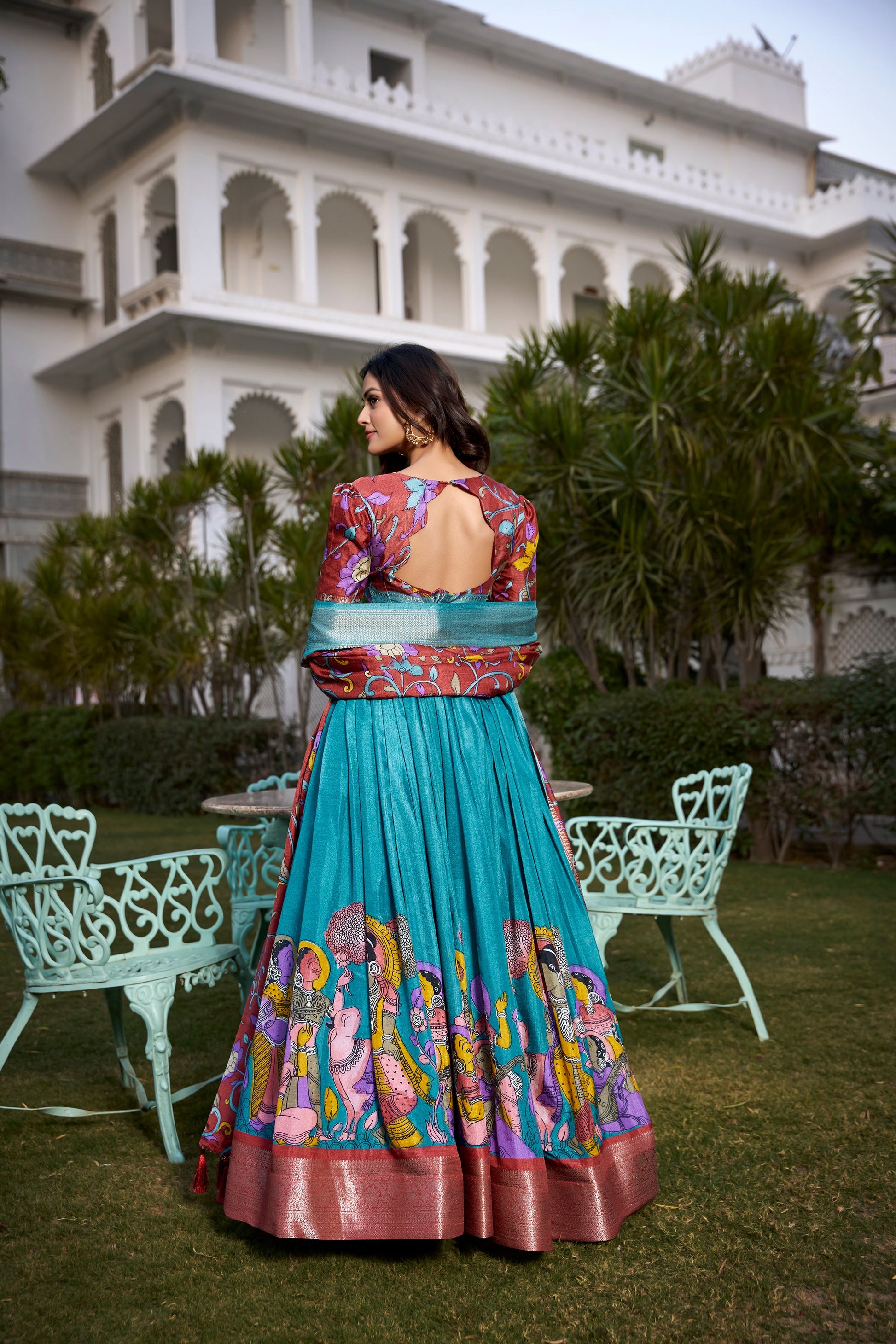 Lorenvalley Firozi Dola Silk with Jacquard Printed (Kalamkari) with Zari Weaving Border Lehenga Choli | Swadesiicart
