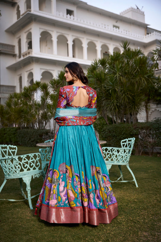Lorenvalley Firozi Dola Silk with Jacquard Printed (Kalamkari) with Zari Weaving Border Lehenga Choli | Swadesiicart