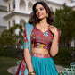 Lorenvalley Firozi Dola Silk with Jacquard Printed (Kalamkari) with Zari Weaving Border Lehenga Choli | Swadesiicart