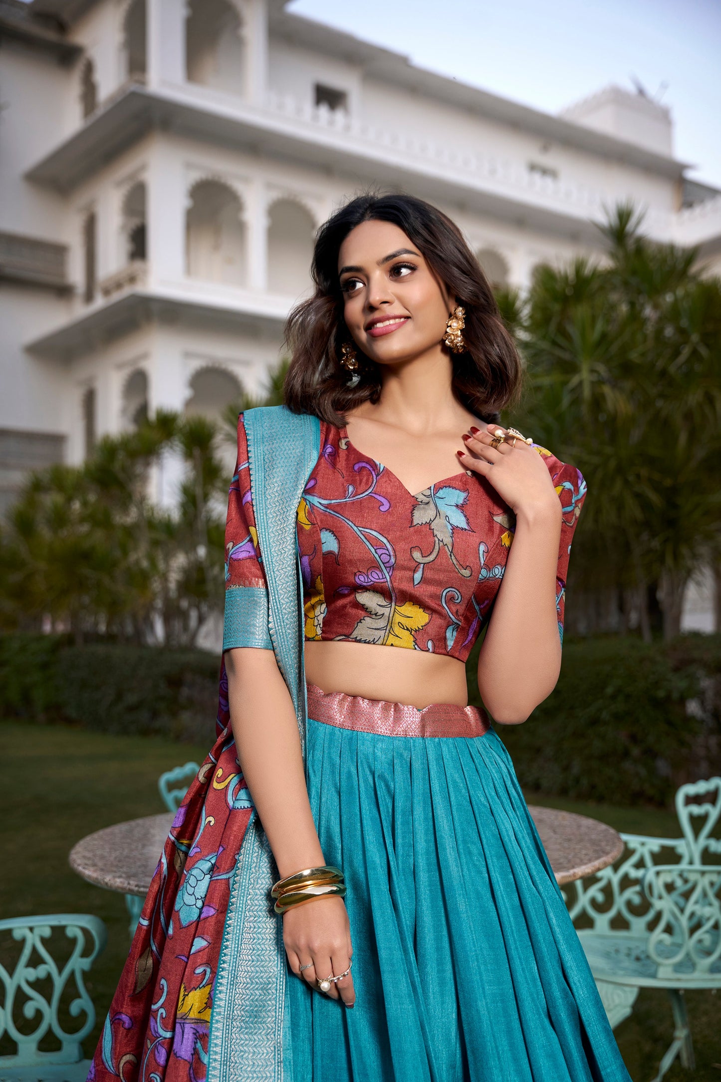 Lorenvalley Firozi Dola Silk with Jacquard Printed (Kalamkari) with Zari Weaving Border Lehenga Choli | Swadesiicart