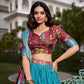 Lorenvalley Firozi Dola Silk with Jacquard Printed (Kalamkari) with Zari Weaving Border Lehenga Choli | Swadesiicart